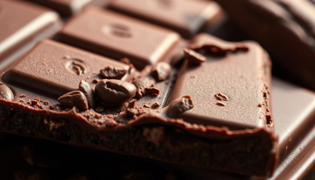 A cross-section of a rich, dark chocolate bar, revealing the intricate patterns and texture of the cocoa beans within. The cocoa nibs are visible, glistening with the natural oils that give chocolate its distinctive flavor. The lighting is soft and warm, casting gentle shadows that highlight the depth and complexity of the chocolate's composition. The image has a close-up, macro-like perspective, drawing the viewer's attention to the key component that makes chocolate dangerous for dogs - the theobromine compound, or "teobromina en chocolate". A cross-section of a rich, dark chocolate bar, revealing the intricate patterns and texture of the cocoa beans within. The cocoa nibs are visible, glistening with the natural oils that give chocolate its distinctive flavor. The lighting is soft and warm, casting gentle shadows that highlight the depth and complexity of the chocolate's composition. The image has a close-up, macro-like perspective, drawing the viewer's attention to the key component that makes chocolate dangerous for dogs - the theobromine compound, or "teobromina en chocolate".