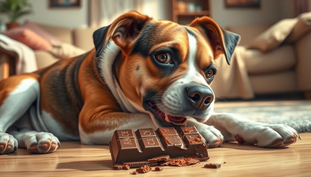 A detailed illustration of a dog exhibiting symptoms of chocolate intoxication. In the foreground, a medium-sized canine lies restless, displaying an upset stomach, vomiting, and rapid breathing. Its eyes are wide with distress. In the middle ground, the dog's gaze is fixed on a partially eaten chocolate bar, the cause of its ailment. The background shows a cozy domestic setting, with household items and furniture suggesting a home environment. Soft, natural lighting casts a warm, empathetic tone, drawing attention to the dog's plight. The composition conveys the urgency and seriousness of the situation, emphasizing the need for immediate veterinary attention. A detailed illustration of a dog exhibiting symptoms of chocolate intoxication. In the foreground, a medium-sized canine lies restless, displaying an upset stomach, vomiting, and rapid breathing. Its eyes are wide with distress. In the middle ground, the dog's gaze is fixed on a partially eaten chocolate bar, the cause of its ailment. The background shows a cozy domestic setting, with household items and furniture suggesting a home environment. Soft, natural lighting casts a warm, empathetic tone, drawing attention to the dog's plight. The composition conveys the urgency and seriousness of the situation, emphasizing the need for immediate veterinary attention.